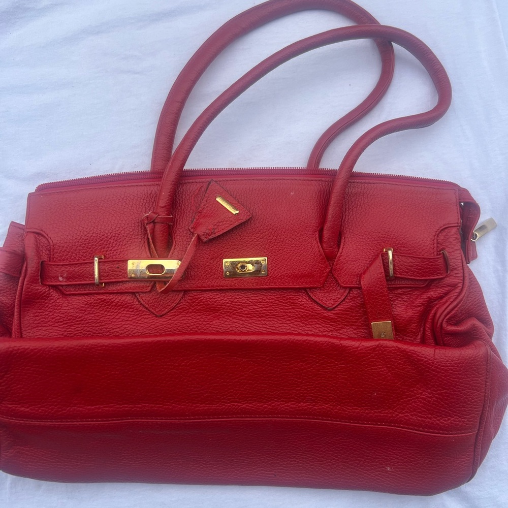 Red Top-Handle Leather Tote Bag with Gold Hardware